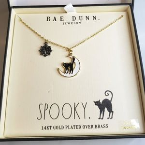 Rae Dunn Spooky Halloween Black Cat and Spiderweb Necklace NIB